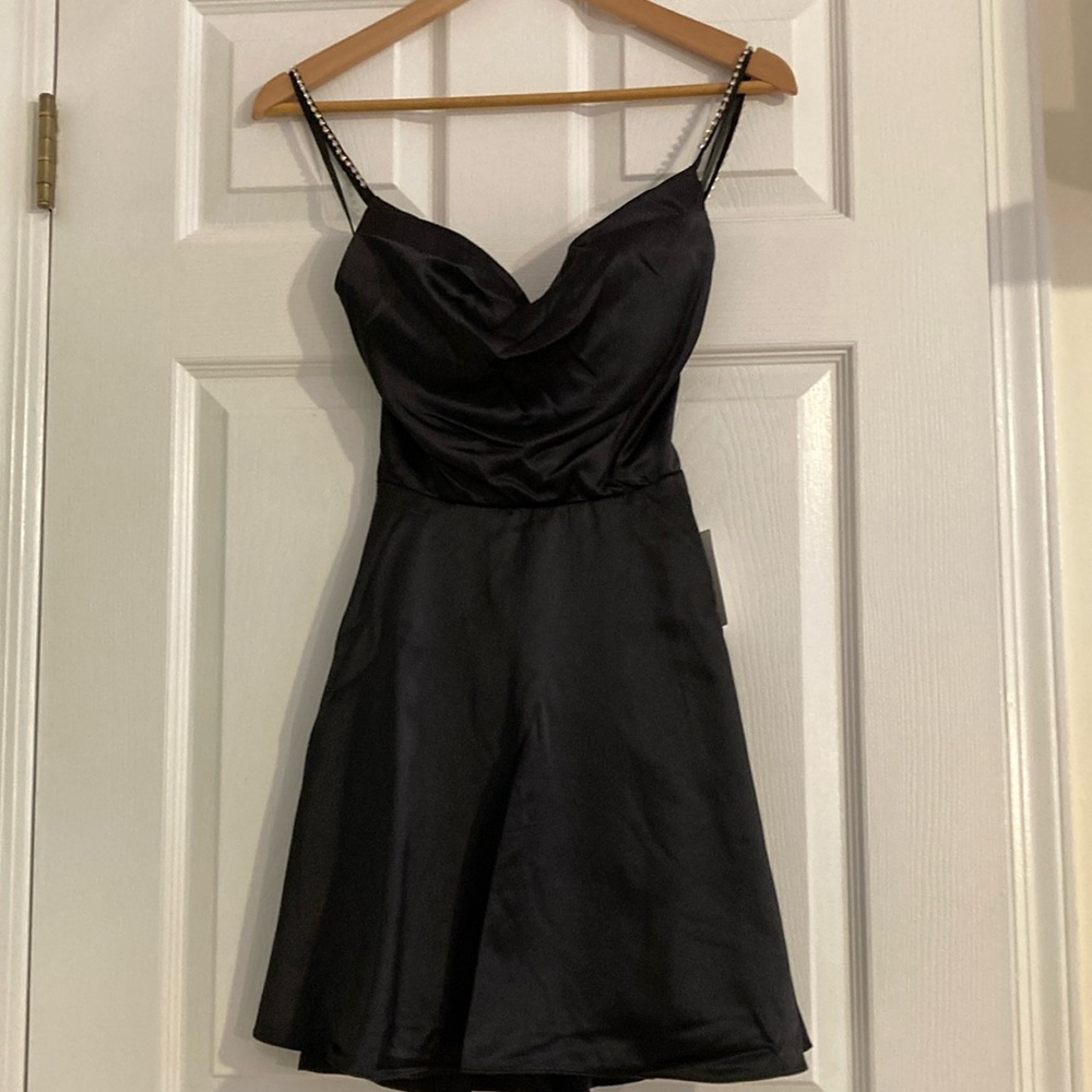 NWT B. Darlin Cowl Neck Rhinestone Strap Satin Party Dress Black Size 1/2 & 3/4 - Picture 3 of 11